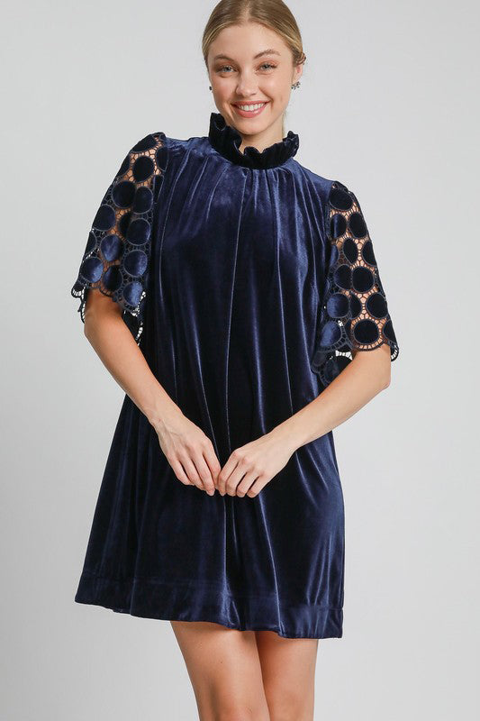 Umgee Dotted Lace Half Sleeve Mock Neck Back Tie Velvet Dress - AMIN Clothing 