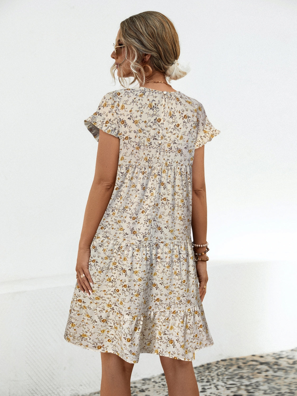 Frill Floral Round Neck Short Sleeve Tiered Dress - AMIN Clothing 