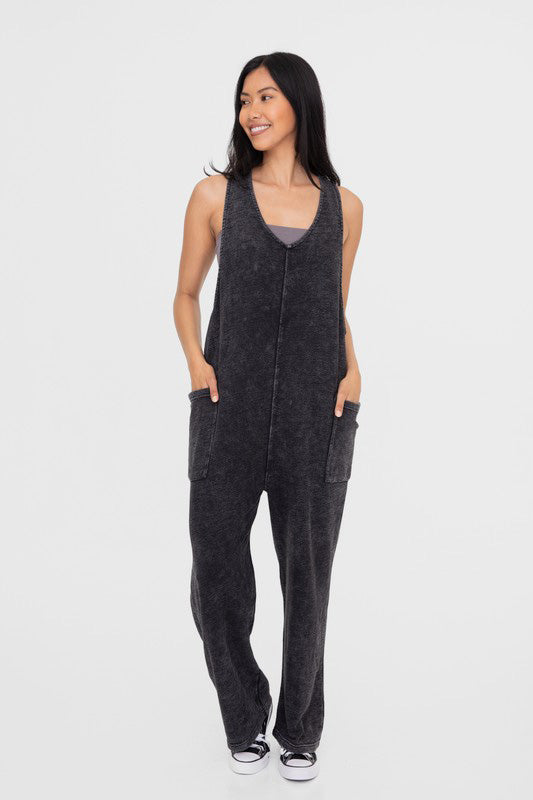 Mono B Mineral-Washed V Neck Overalls with Pockets - AMIN Clothing 