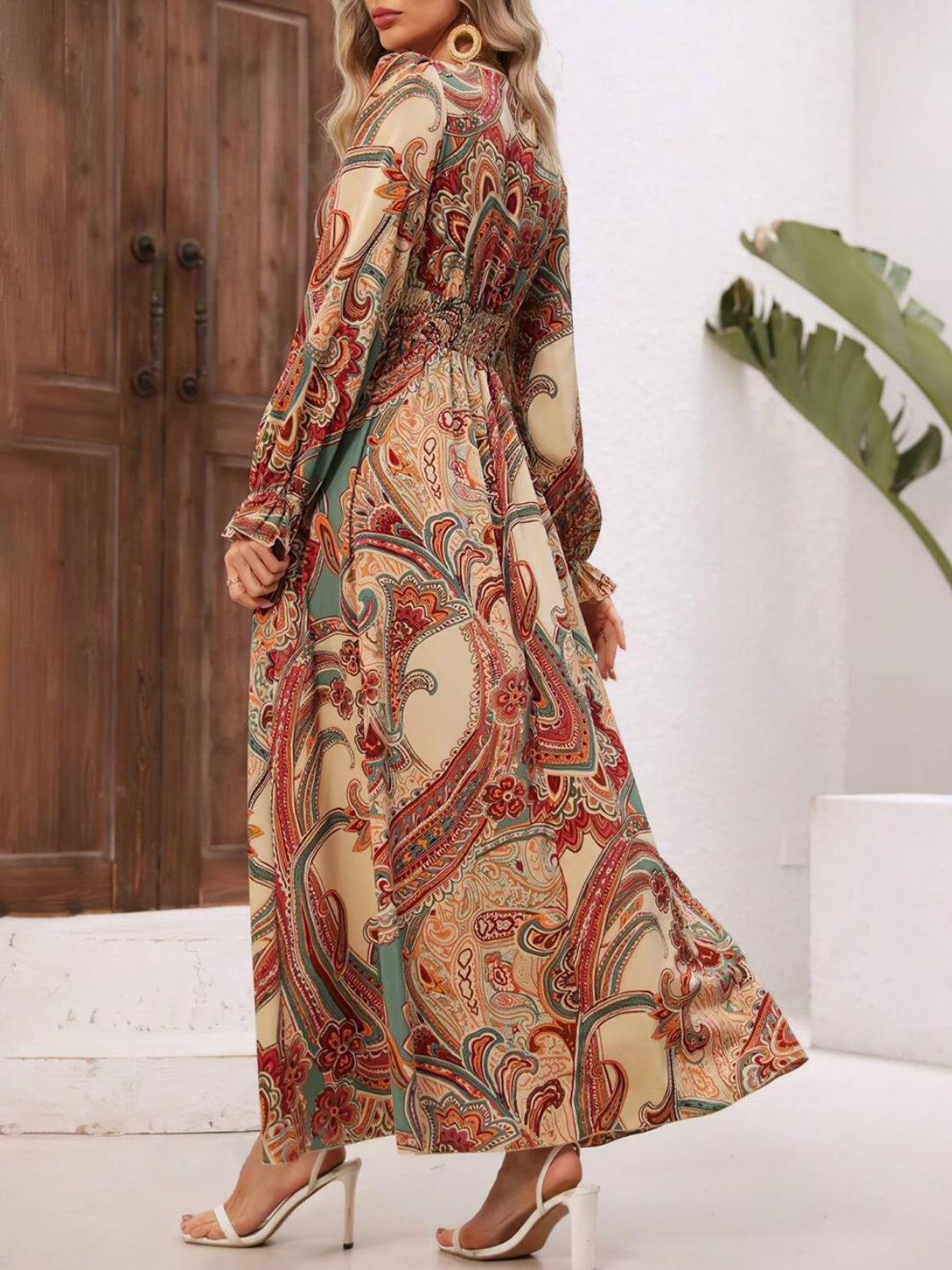 Smocked Printed V-Neck Flounce Sleeve Dress - AMIN Clothing 