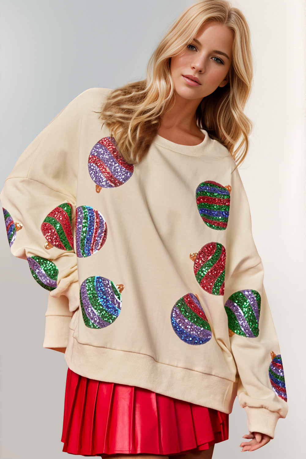 Double Take Christmas Element Sequin Round Neck Long Sleeve Sweatshirt - AMIN Clothing 