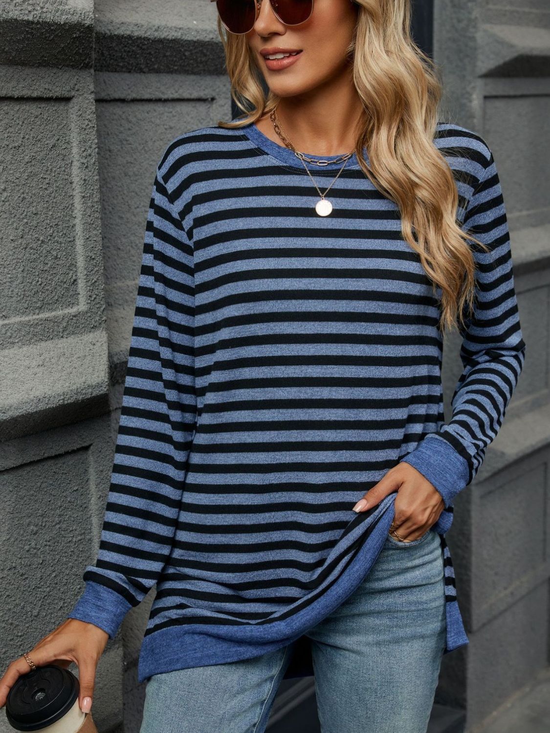 Striped Round Neck Long Sleeve T-Shirt - AMIN Clothing 