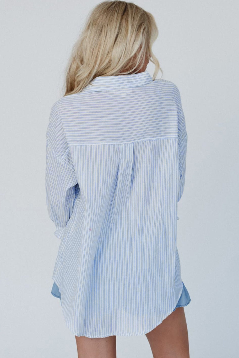 High-Low Striped Collared Neck Long Sleeve Shirt - AMIN Clothing 