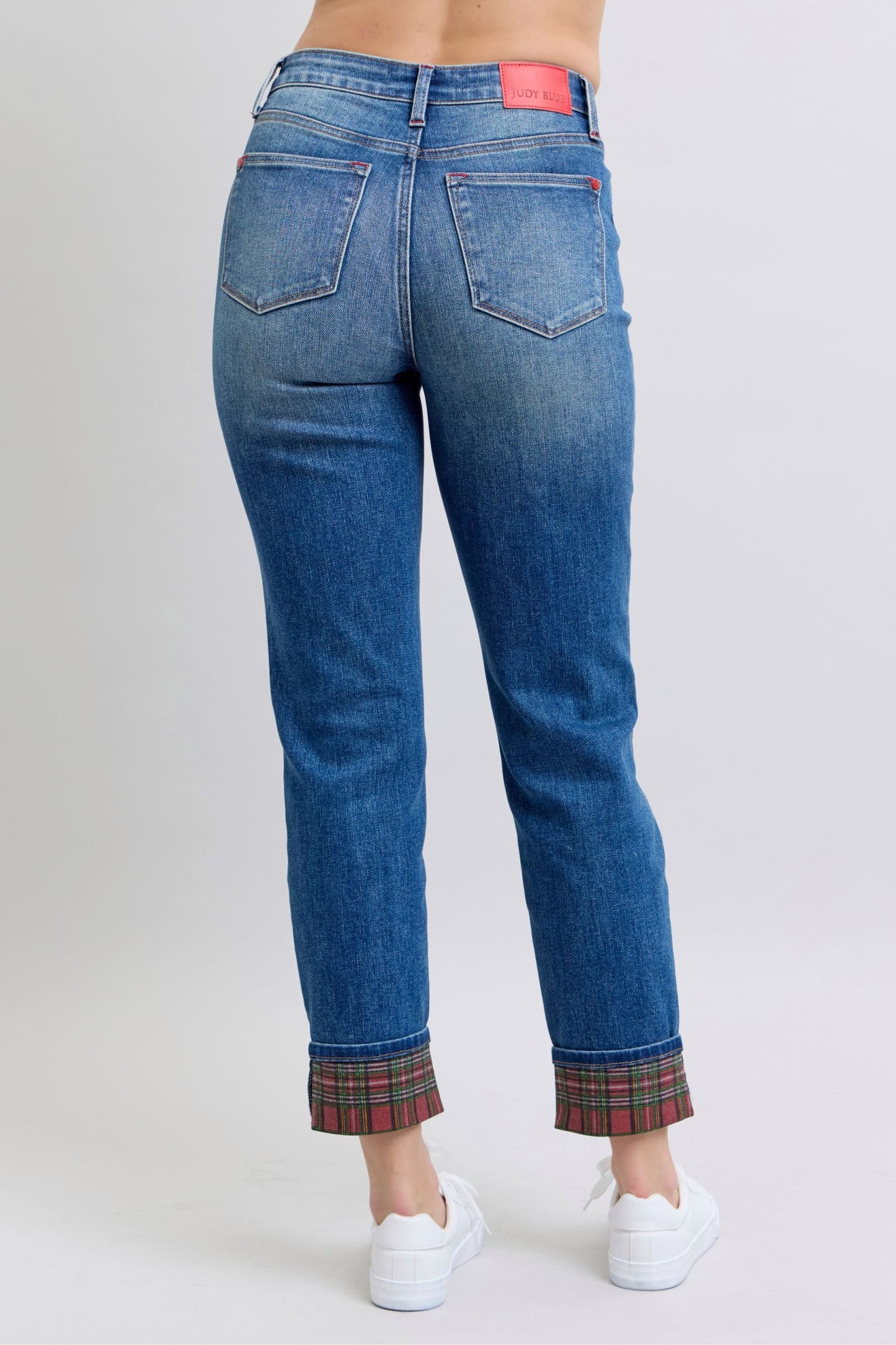 Judy Blue Full Size Plaid Print Cuff Straight Leg Jeans with Pockets - AMIN Clothing 