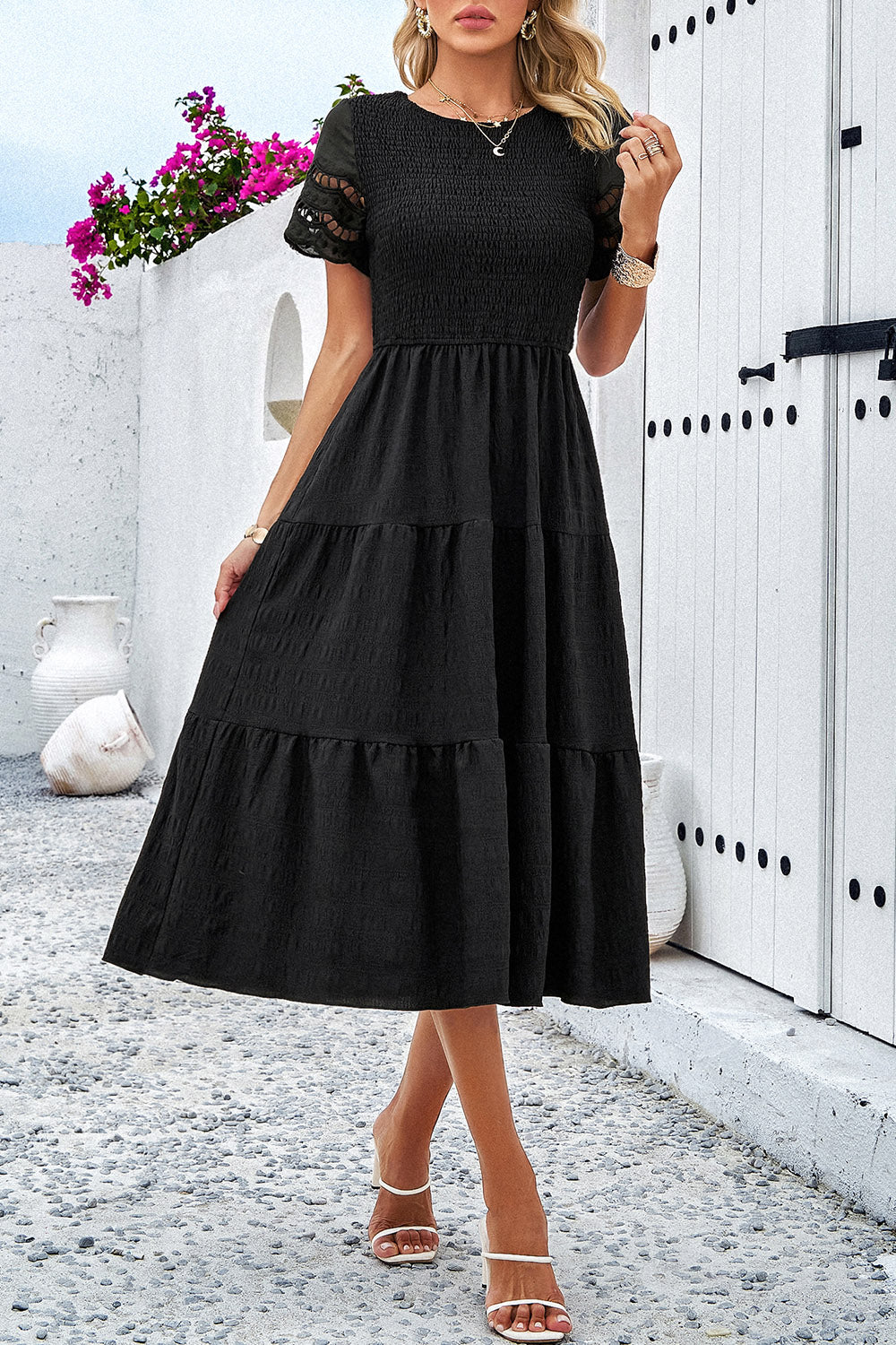 Devine Smocked Round Neck Short Sleeve Midi Dress - AMIN Clothing 