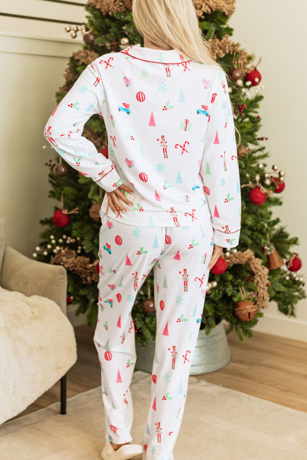 Christmas Printed Collared Neck Top and Pants Lounge Set - AMIN Clothing 