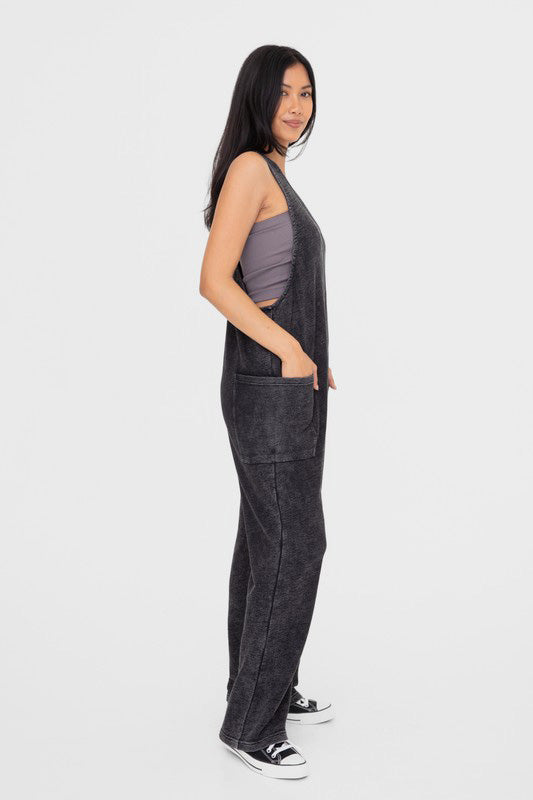 Mono B Mineral-Washed V Neck Overalls with Pockets - AMIN Clothing 