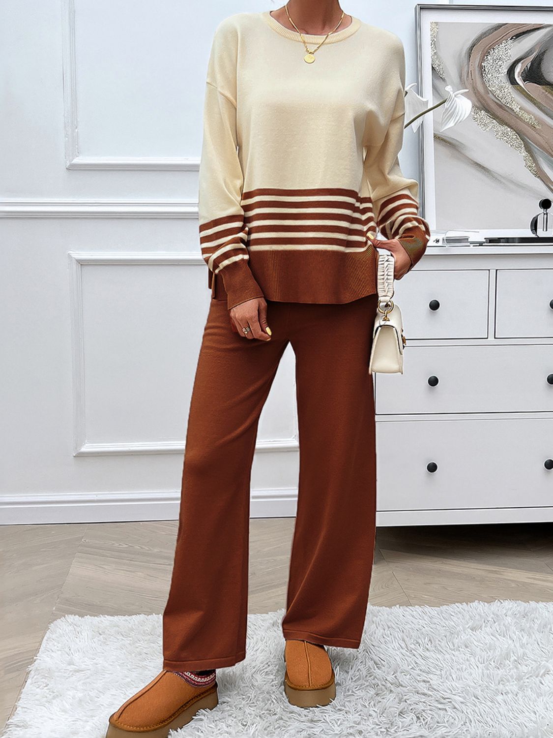 Devine Slit Striped Round Neck Top and Pants Sweater Set - AMIN Clothing 