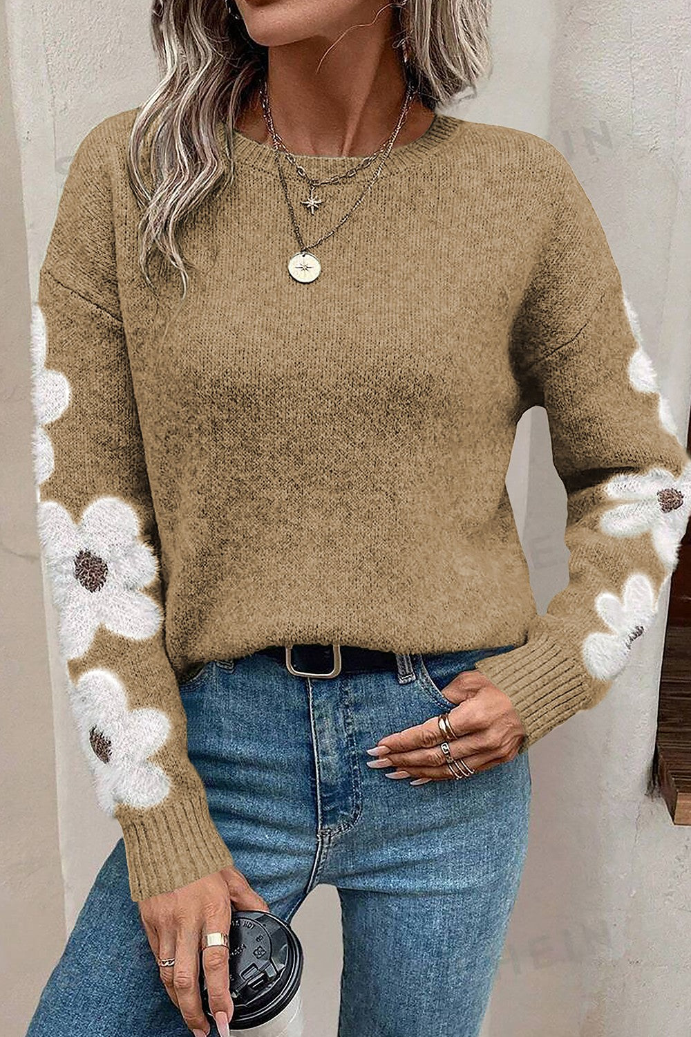 Flower Round Neck Long Sleeve Sweater - AMIN Clothing 