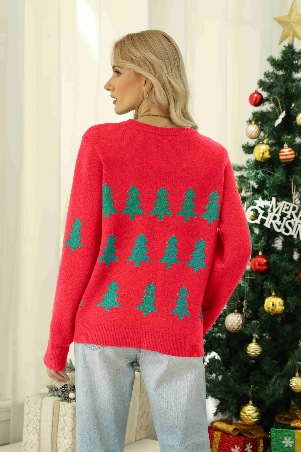 Christmas Tree Round Neck Ribbed Trim Sweater - AMIN Clothing 