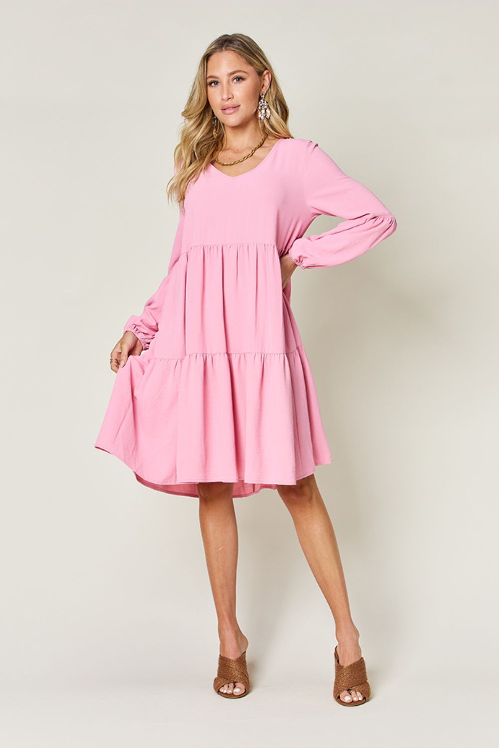 Double Take Full Size V-Neck Balloon Sleeve Tiered Dress with Pockets - AMIN Clothing 