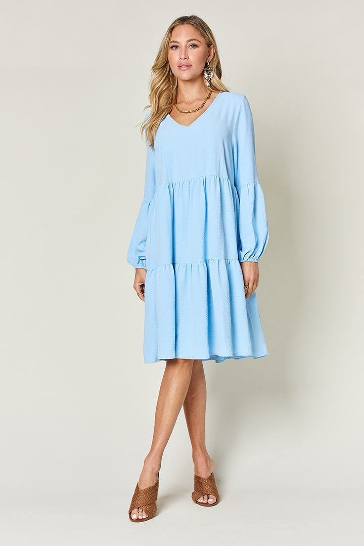 Double Take Full Size V-Neck Balloon Sleeve Tiered Dress with Pockets - AMIN Clothing 