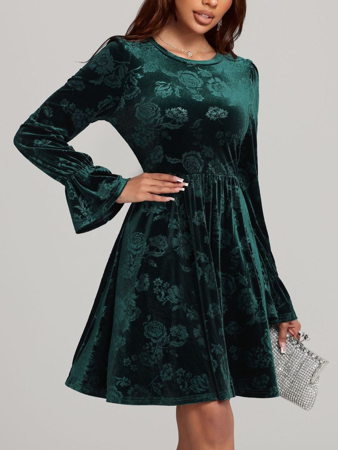 Tied Flower Print Round Neck Flounce Sleeve Dress - AMIN Clothing 