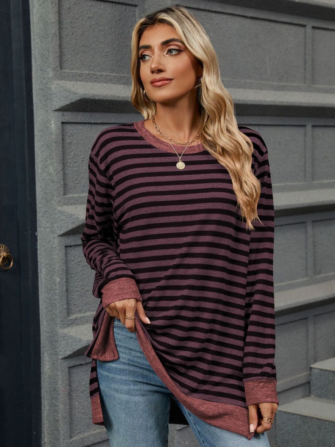 Striped Round Neck Long Sleeve T-Shirt - AMIN Clothing 