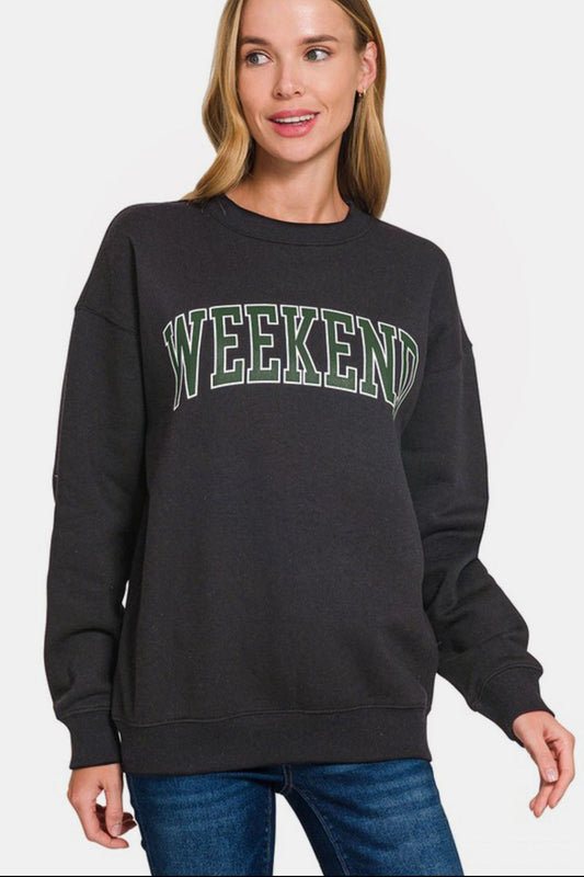 Zenana WEEKEND Round Neck Dropped Shoulder Sweatshirt - AMIN Clothing 