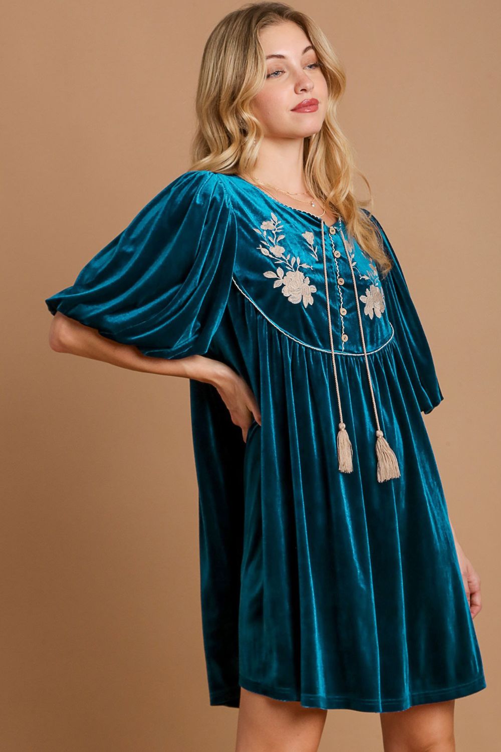 Umgee Embroidered Half Sleeve Velvet Mini Dress with Tassel - AMIN Clothing 