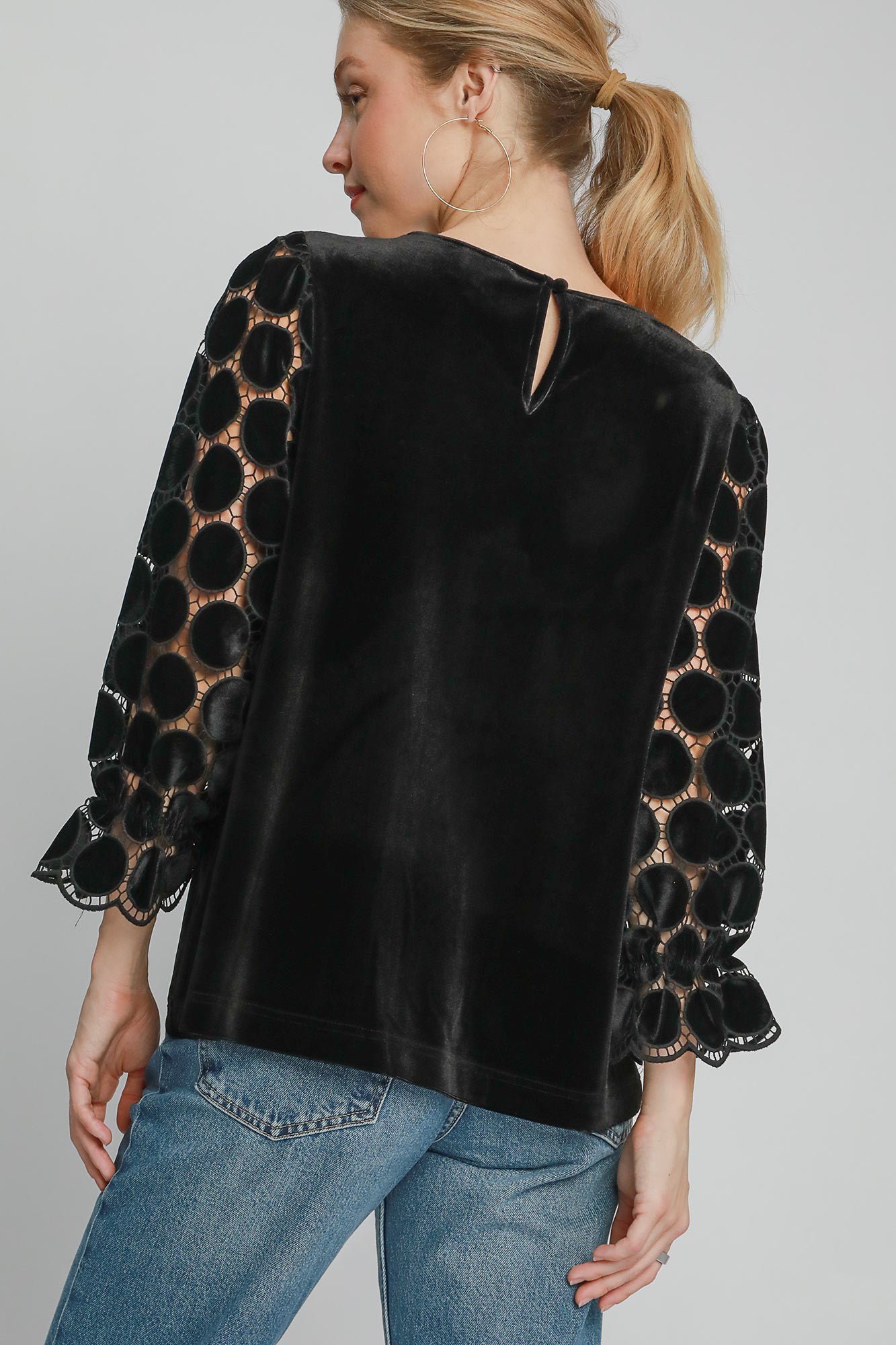 Umgee Polka Dot Lace Long Sleeve Round Neck Blouse - AMIN Clothing 