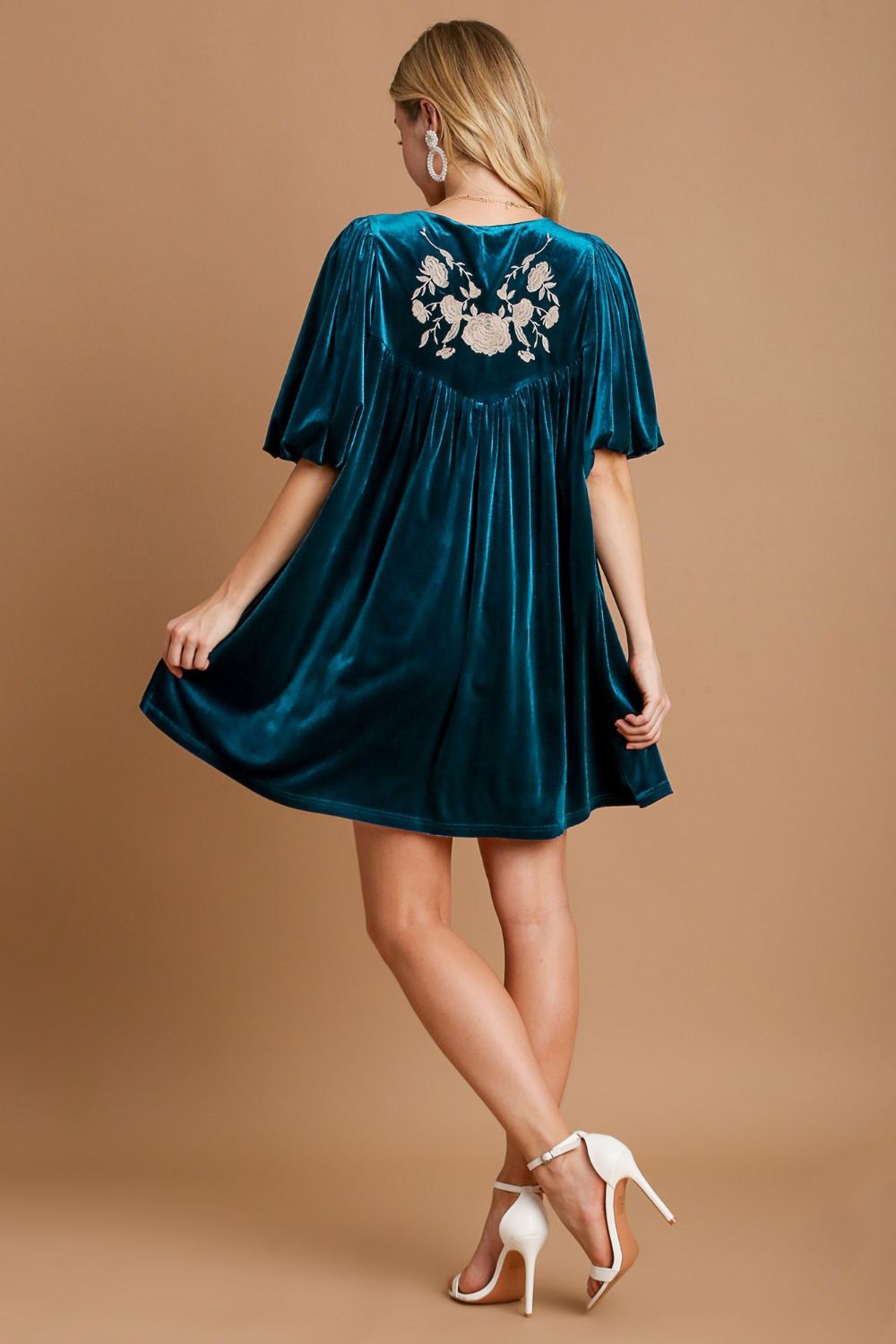 Umgee Embroidered Half Sleeve Velvet Mini Dress with Tassel - AMIN Clothing 