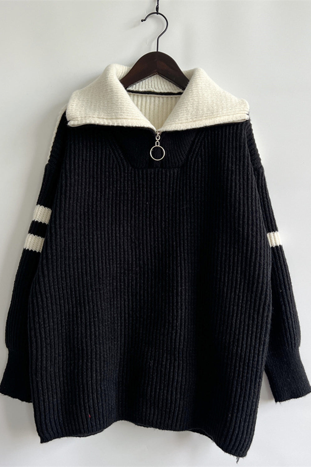 Quarter Zip Striped Dropped Shoulder Sweater - AMIN Clothing 