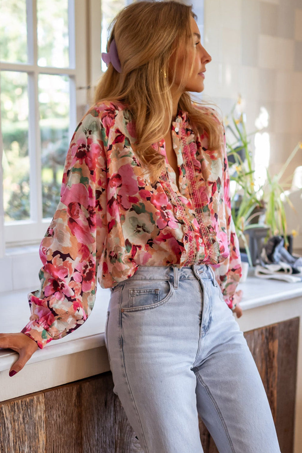 Frill Floral Button Down Long Sleeve Shirt - AMIN Clothing 