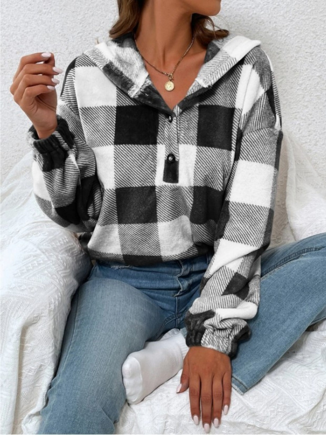 Plaid Half Button Long Sleeve Hoodie - AMIN Clothing 