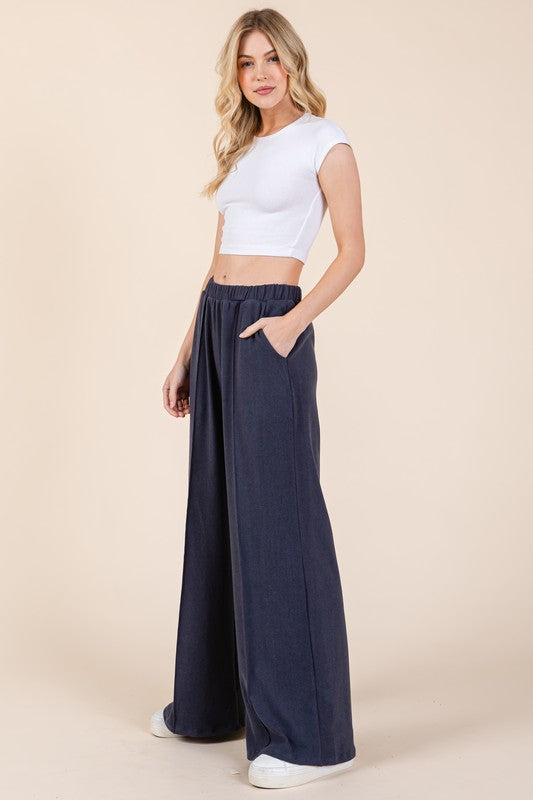 BOMBOM Elastic Waist Wide Leg Pants with Pockets - AMIN Clothing 