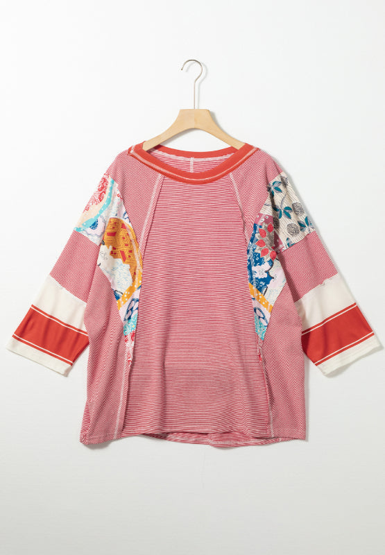 Striped Floral Patchwork Round Neck Top - AMIN Clothing 