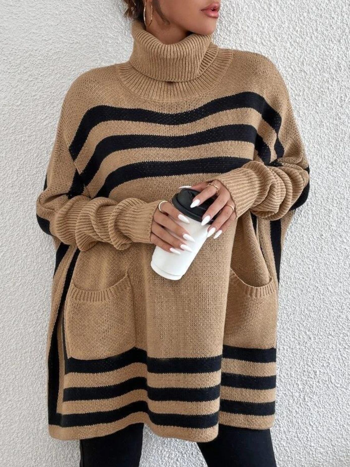 Striped Turtleneck Batwing Sleeve Sweater with Pockets - AMIN Clothing 