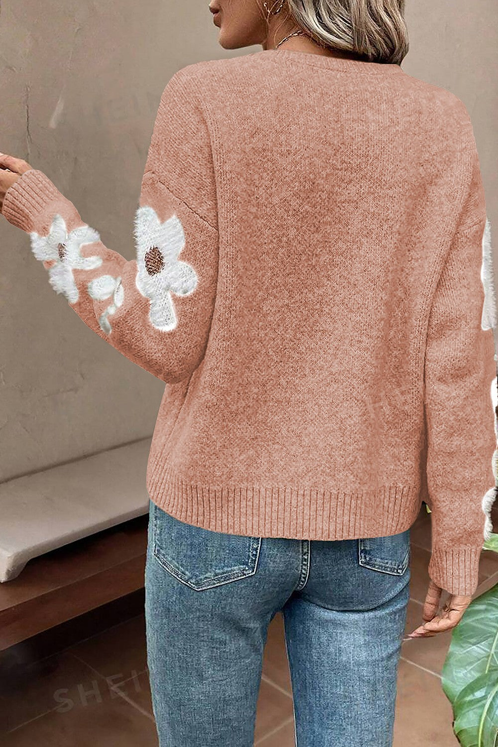 Flower Round Neck Long Sleeve Sweater - AMIN Clothing 