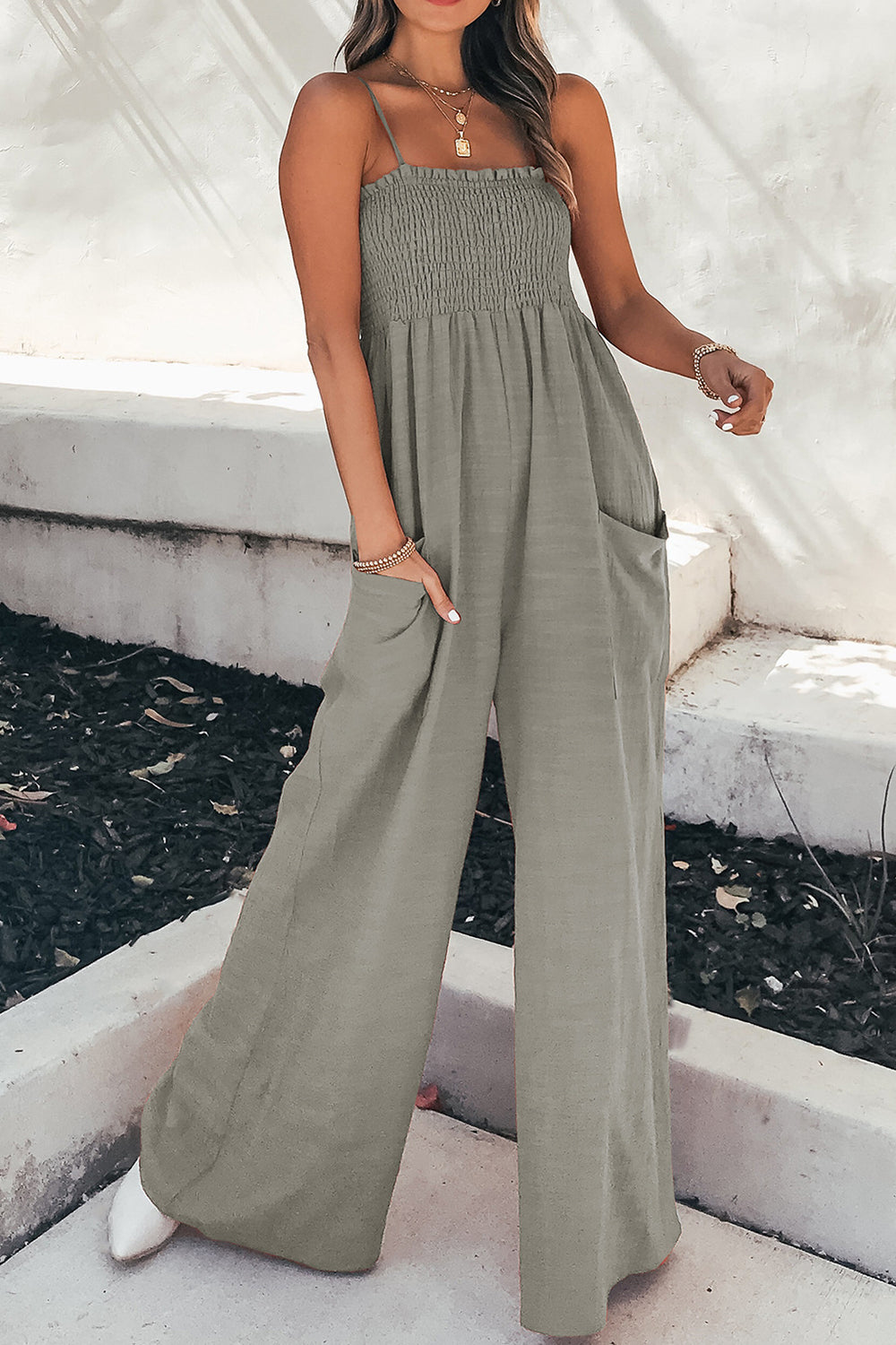 Smocked Spaghetti Strap Wide Leg Jumpsuit - AMIN Clothing 