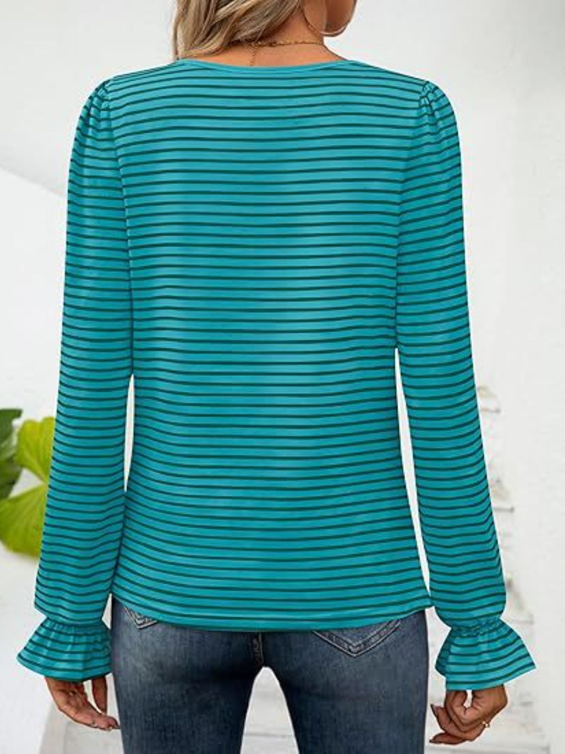 Striped Square Neck Flounce Sleeve Top - AMIN Clothing 