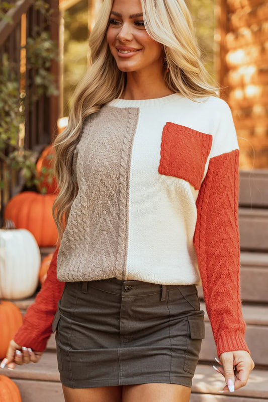 Color Block Round Neck Long Sleeve Sweater - AMIN Clothing 