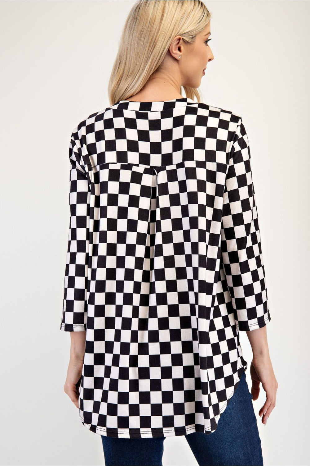 Celeste Full Size Curved Hem Checkered Notched Blouse - AMIN Clothing 