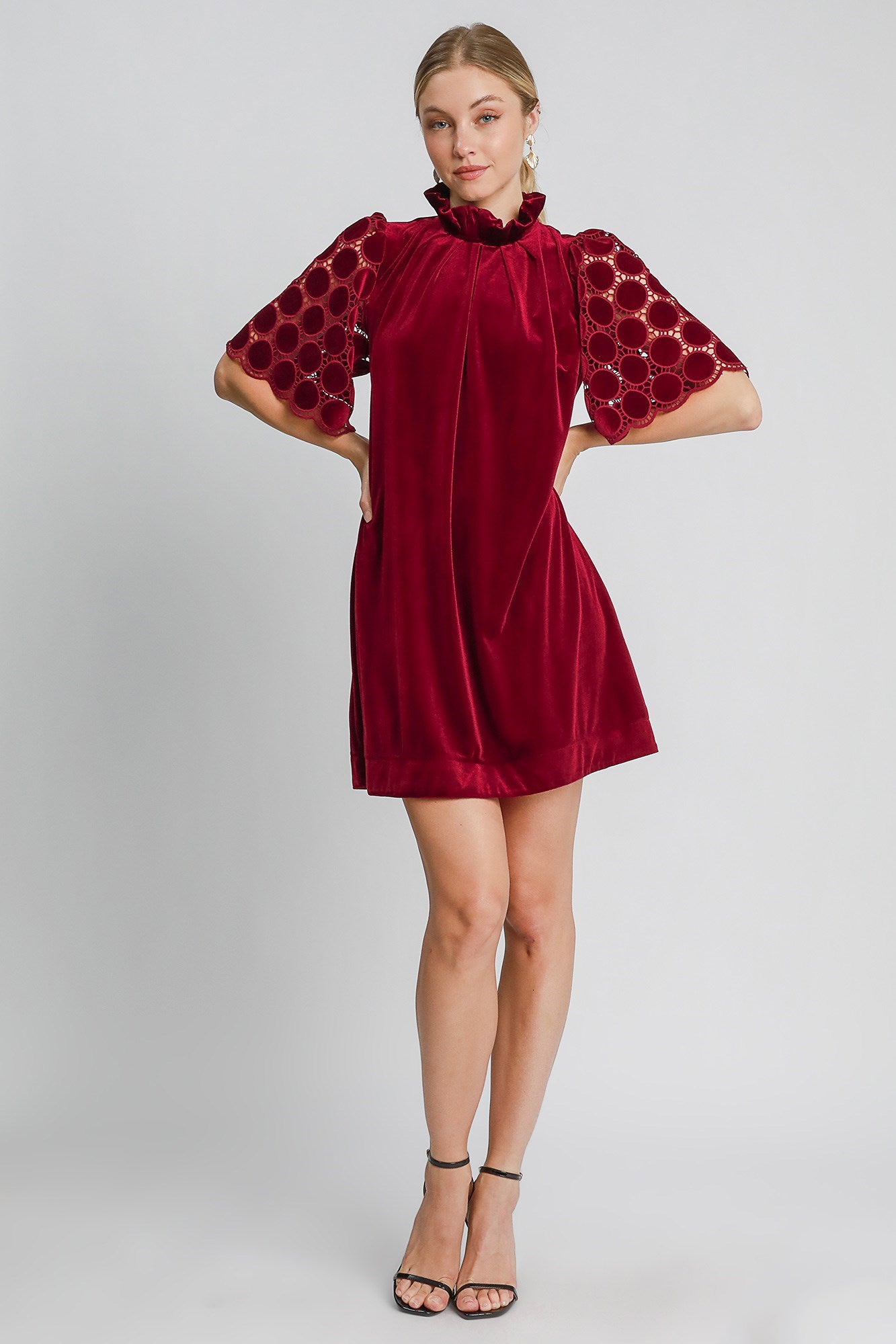 Umgee Dotted Lace Half Sleeve Mock Neck Back Tie Velvet Dress - AMIN Clothing 