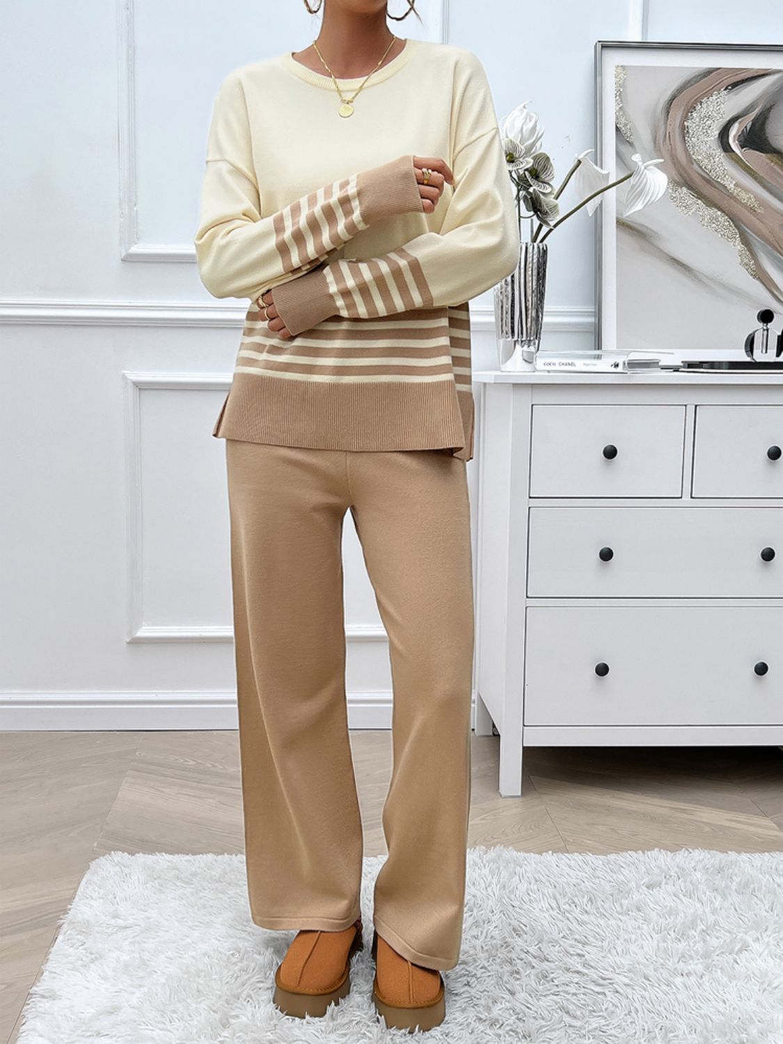 Devine Slit Striped Round Neck Top and Pants Sweater Set - AMIN Clothing 