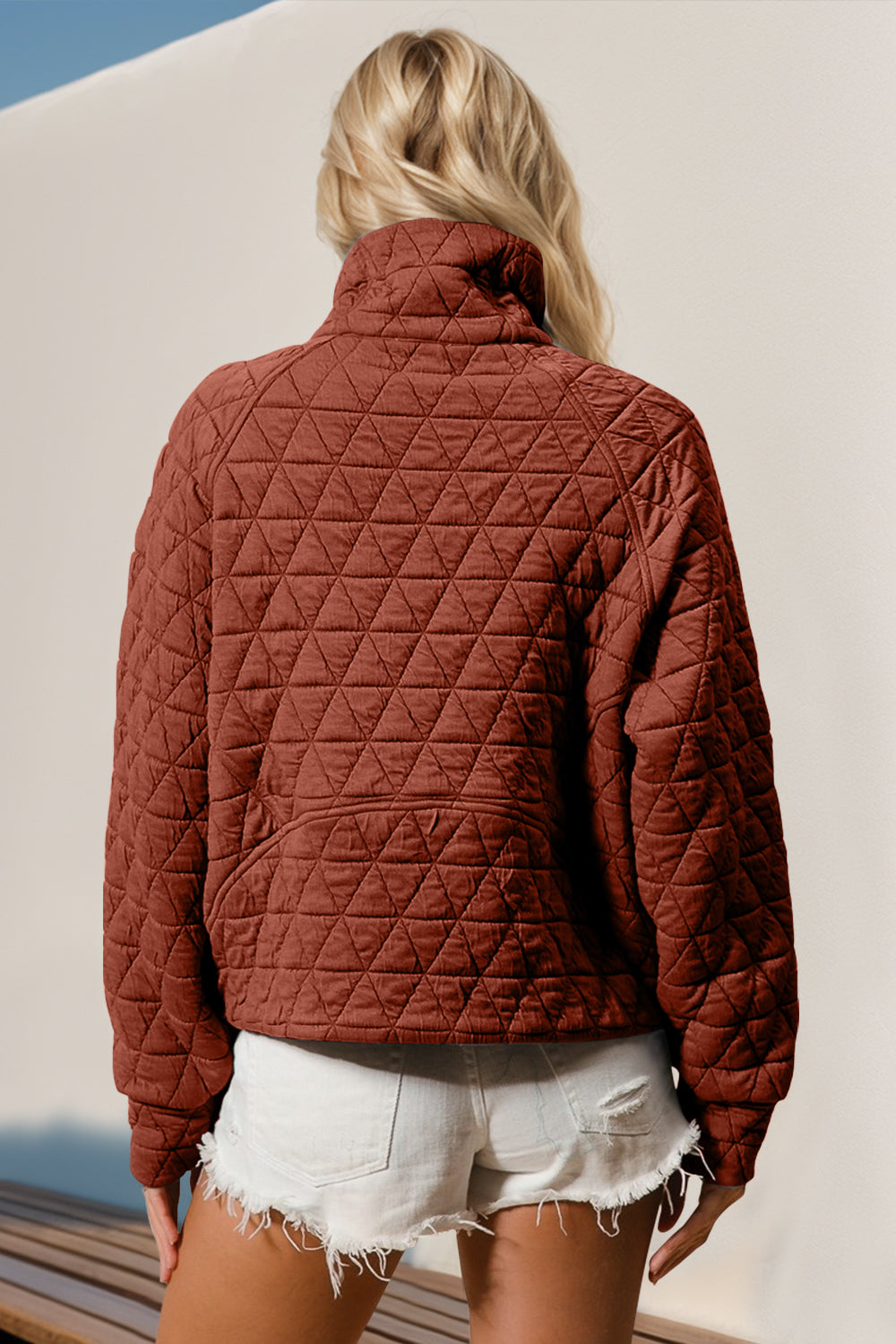 Double Take Half Zip Long Sleeve Quilted Sweatshirt with Pocket - AMIN Clothing 