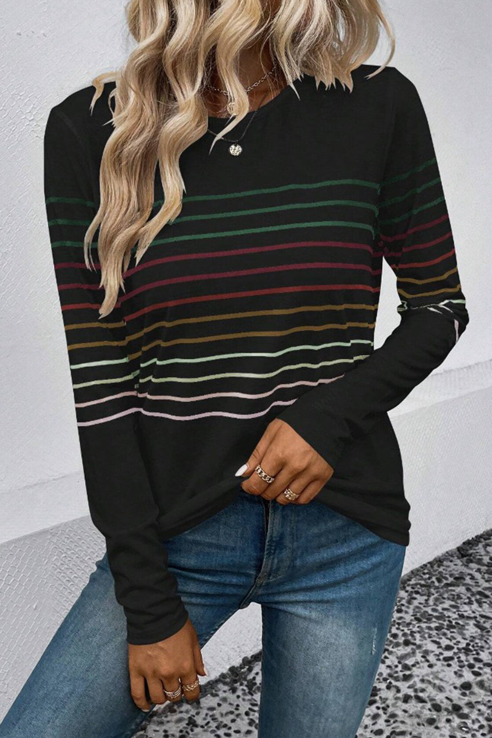 Striped Round Neck Long Sleeve T-Shirt - AMIN Clothing 