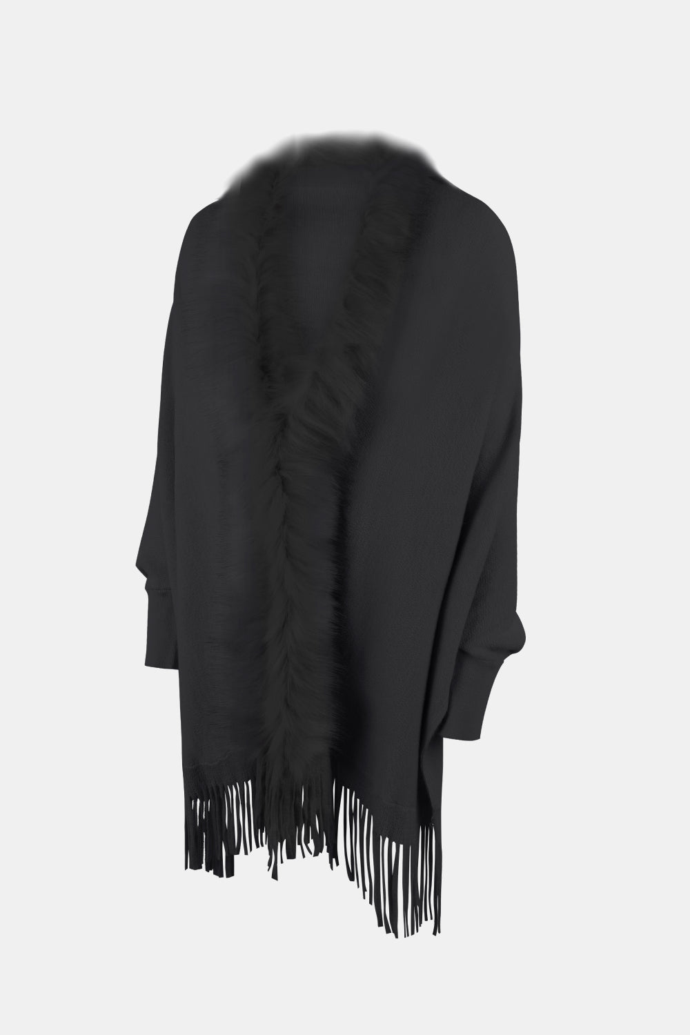 Fringe Open Front Long Sleeve Poncho - AMIN Clothing 