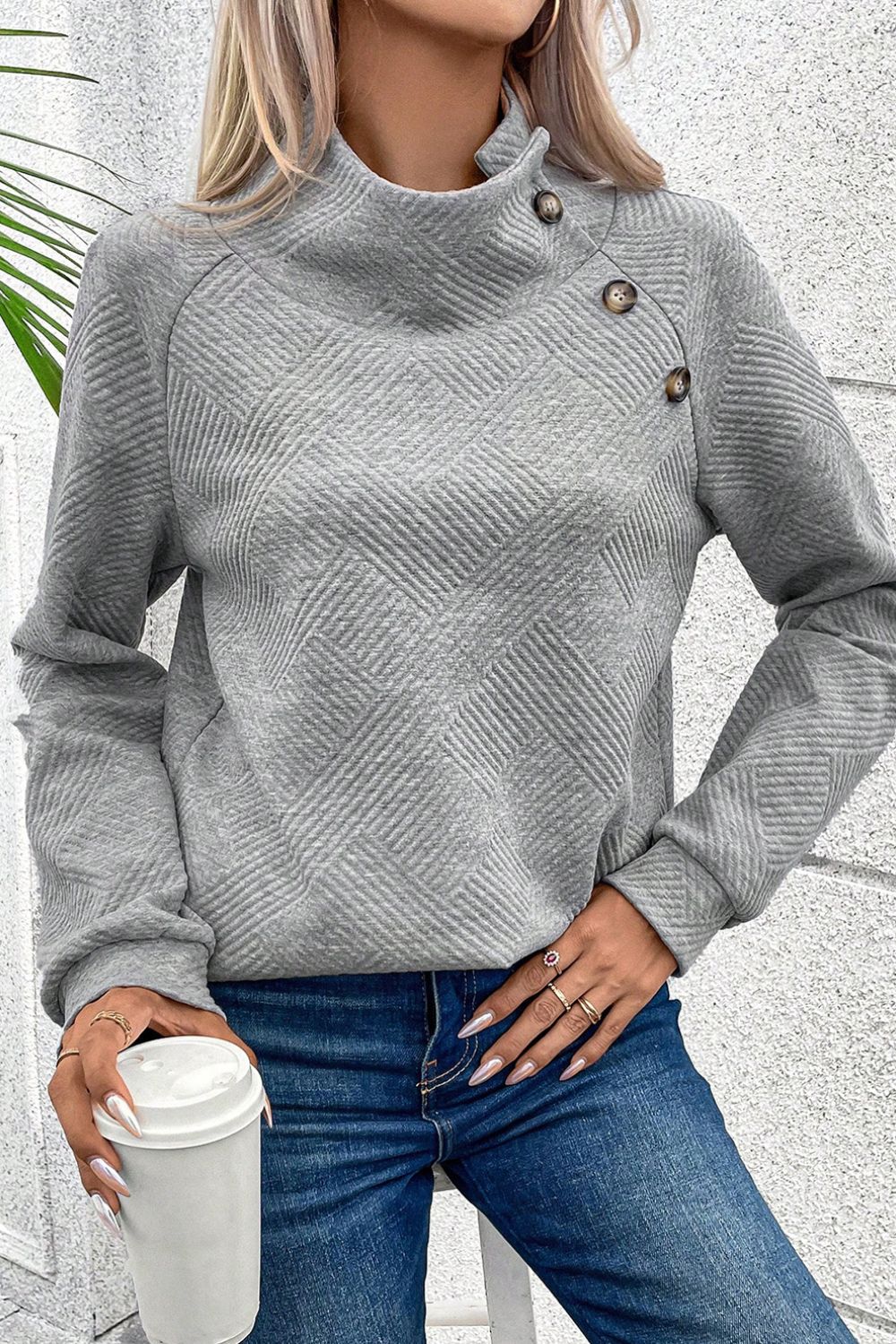 Textured Turtleneck Long Sleeve Sweatshirt - AMIN Clothing 