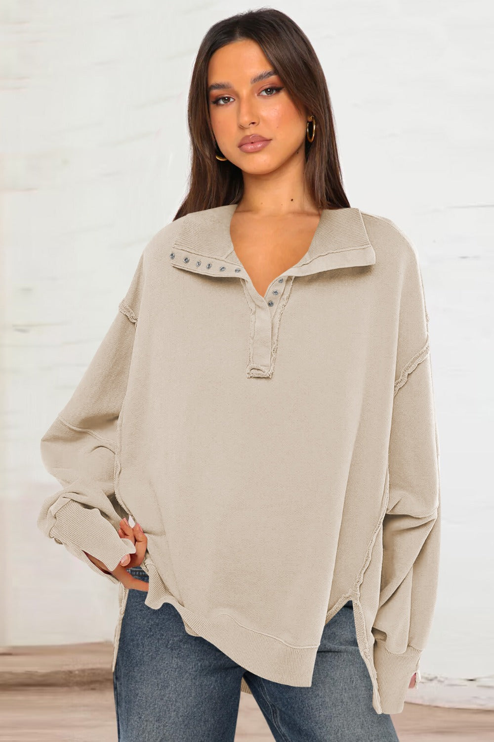 Exposed Seam Side Slit Long Sleeve Sweatshirt - AMIN Clothing 