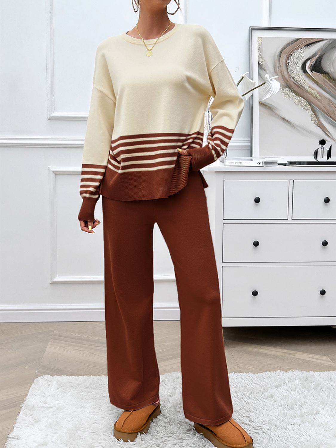 Devine Slit Striped Round Neck Top and Pants Sweater Set - AMIN Clothing 