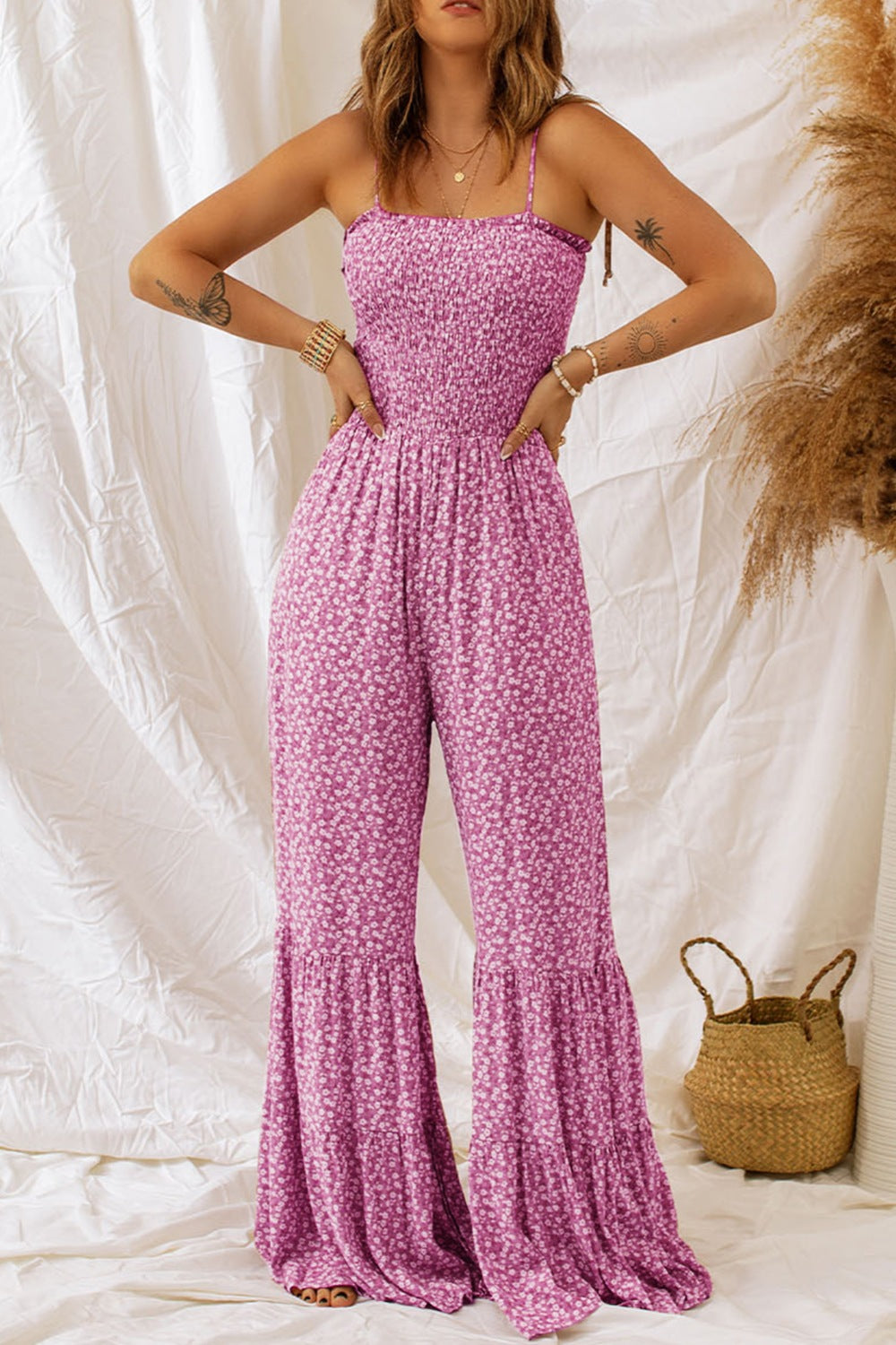 Smocked Printed Wide Strap Jumpsuit - AMIN Clothing 