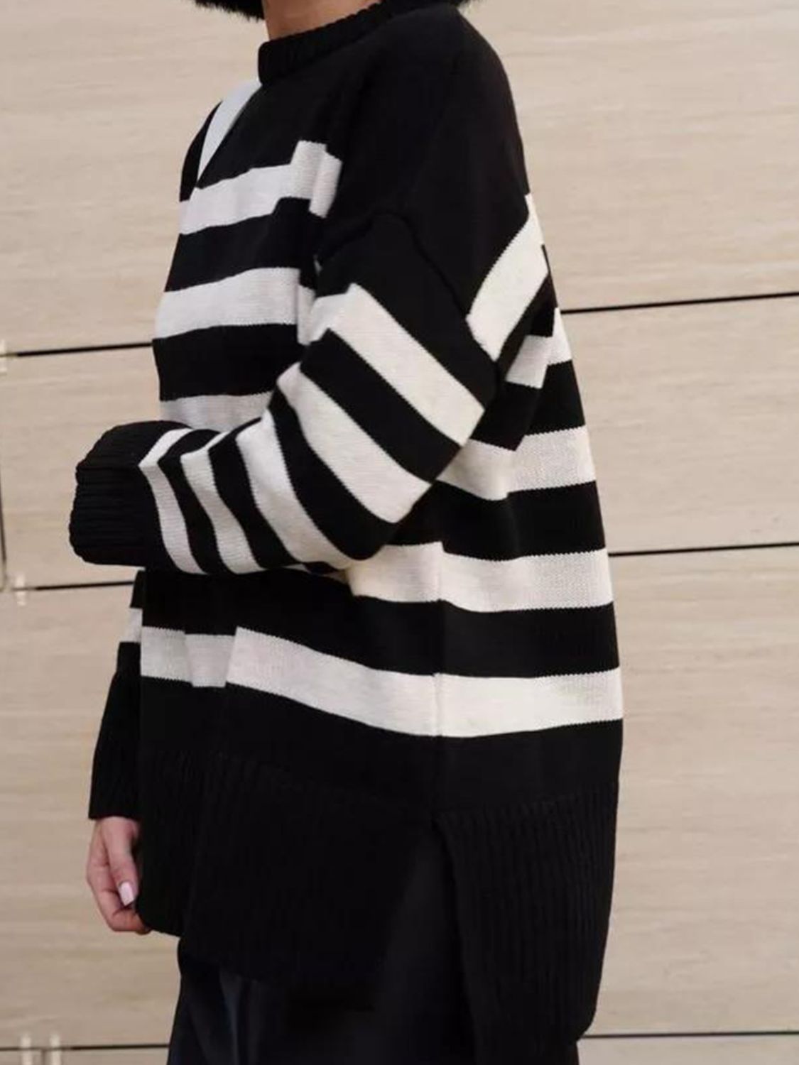 Slit Striped Round Neck Sweater - AMIN Clothing 