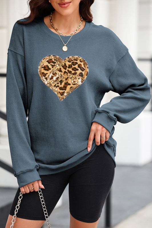 Heart Leopard Sequin Round Neck Sweatshirt - AMIN Clothing 