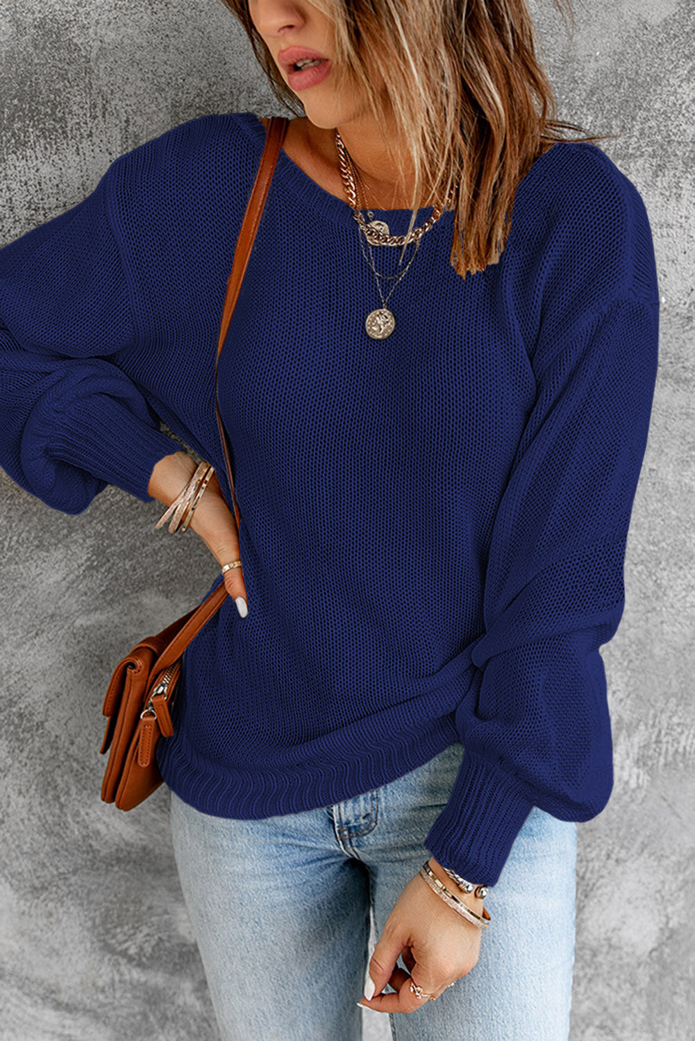 Tied Balloon Sleeve Round Neck Sweater - AMIN Clothing 