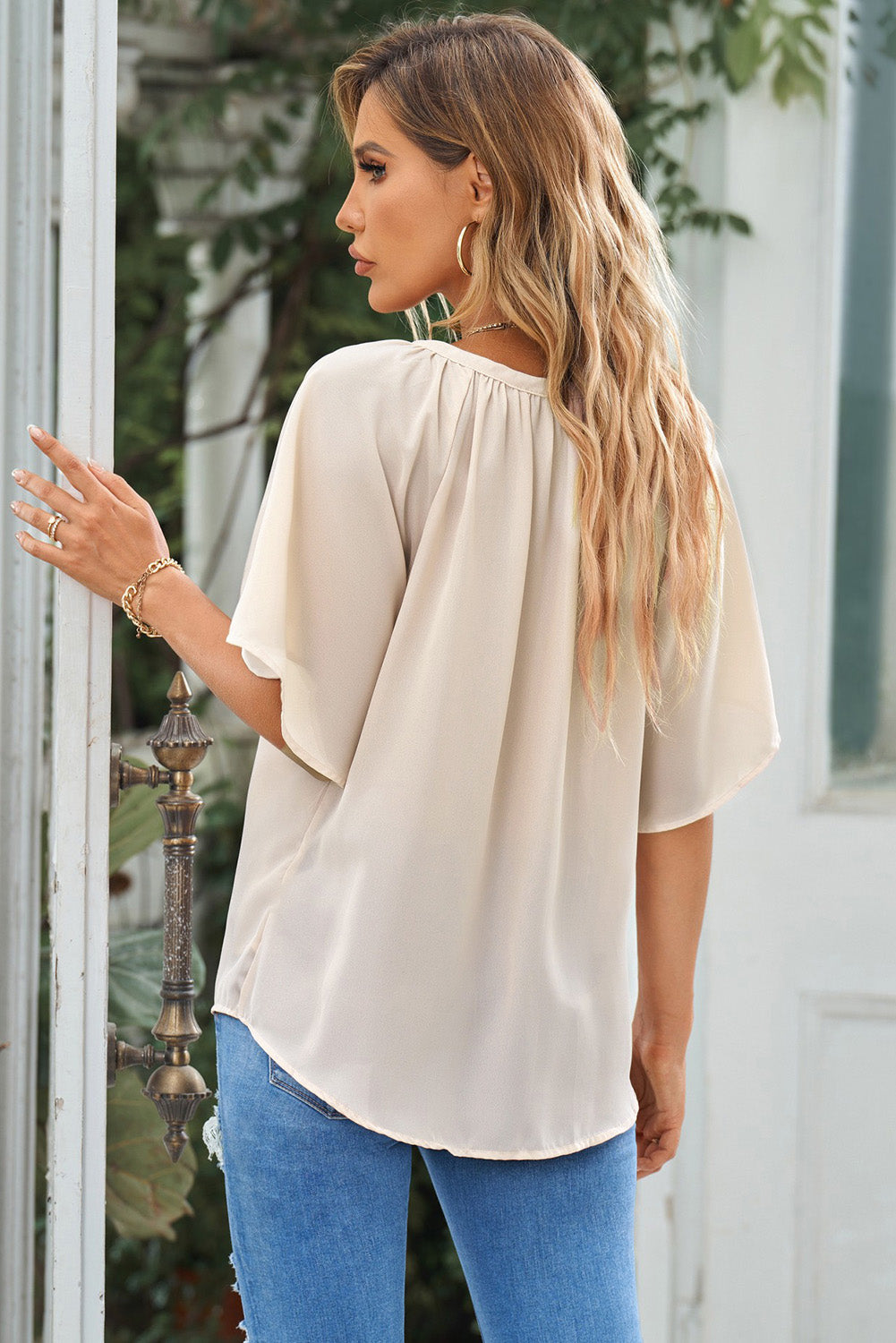 Gathered Detail Notched Neck Flutter Sleeve Top - AMIN Clothing 