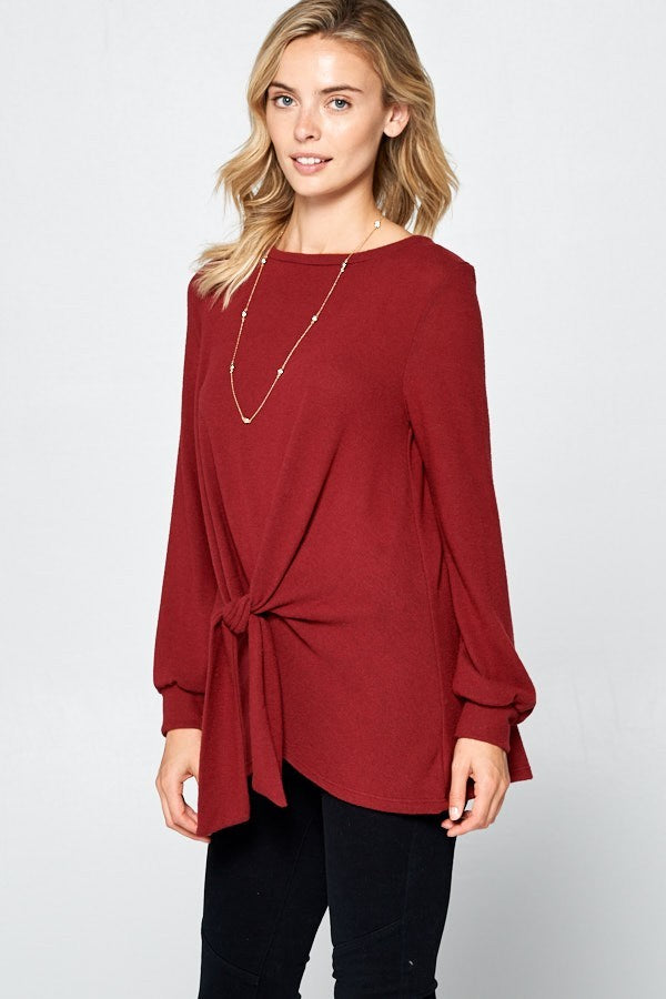 Super Lady Full Size Round Neck Knot Front Hacci Blouse - AMIN Clothing 