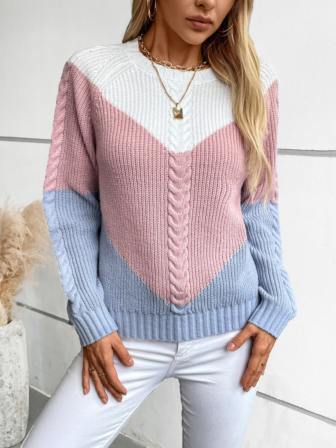 Color Block Round Neck Long Sleeve Sweater - AMIN Clothing 