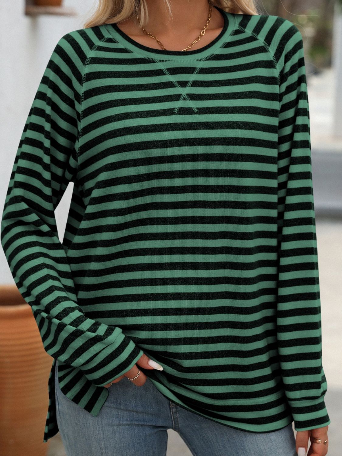 Mandy Striped Round Neck Long Sleeve T-Shirt - AMIN Clothing 