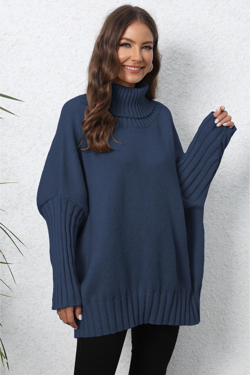 Turtle Neck Long Sleeve Ribbed Sweater - AMIN Clothing 